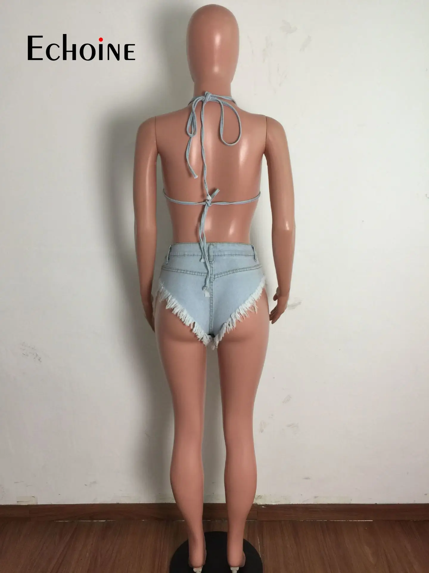 

Oluolin Women Sexy Denim Two Piece Bikinis Set Halter Crop Top and Tassel Shorts Summer Beachwear Swimsuit Club Matching Sets