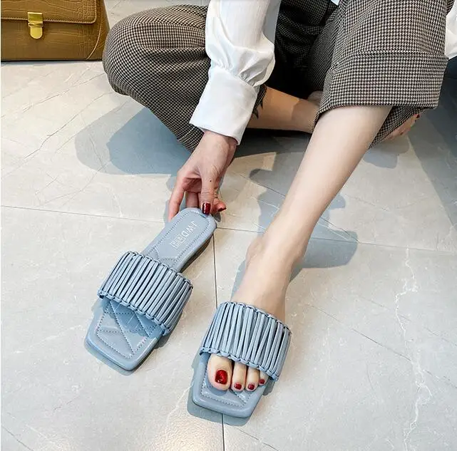 

Dropshipping Women Slippers Women Summer Square Toe Sewing Slides Flat Bottom Travel Fashion Slip Women Beach Flat Heel Slipper