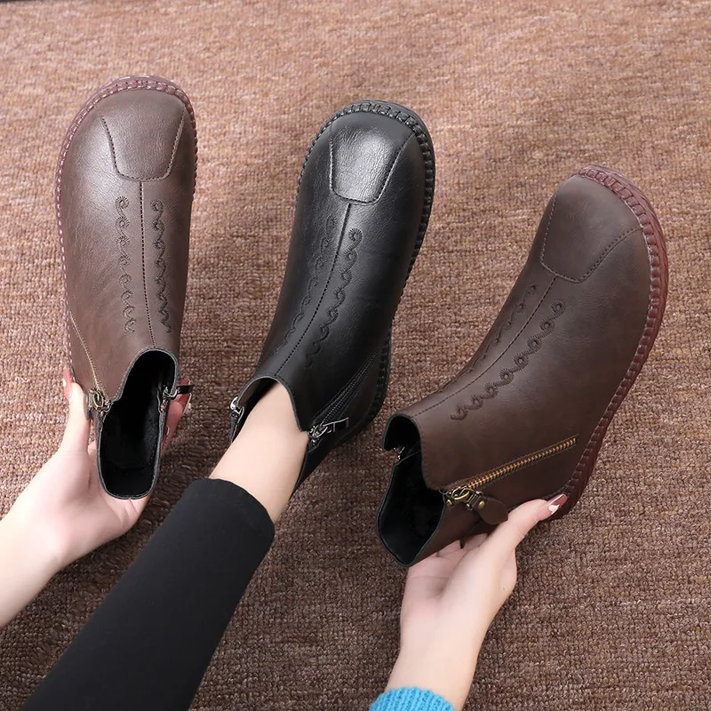 

Winter Boots Women Solid Color Middle Heel Female Boots Buckle Strap Fashion Round Toe Ankle Patchwork All Match
