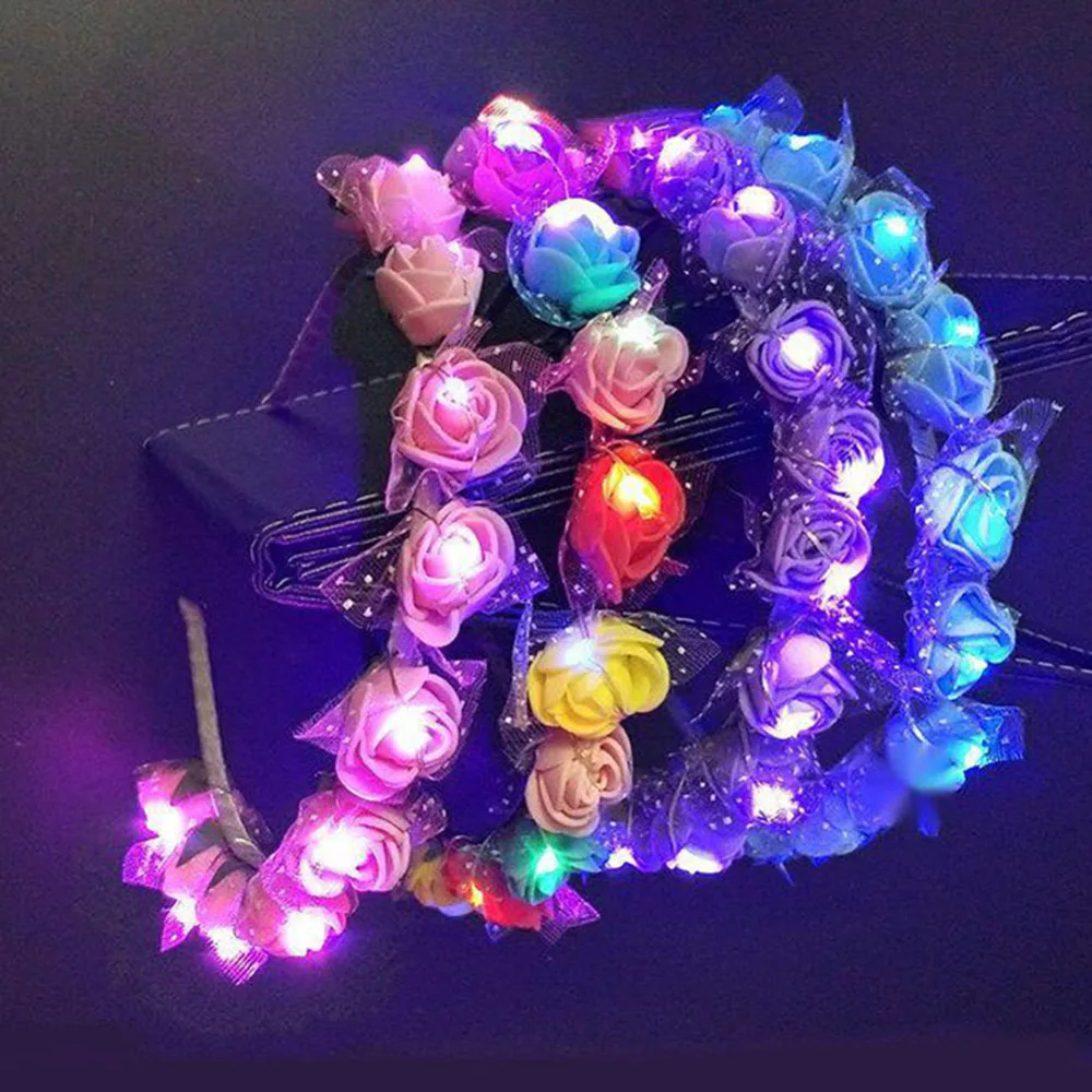 8pcs Colorful Flower Headband LED Light Up Hair Wreath Hoop Women Halloween Christmas Glowing Headwear hoops | Дом и сад