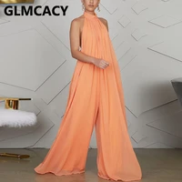 women chiffon halter backless jumpsuits loose style long overalls elegant party club jumpsuit