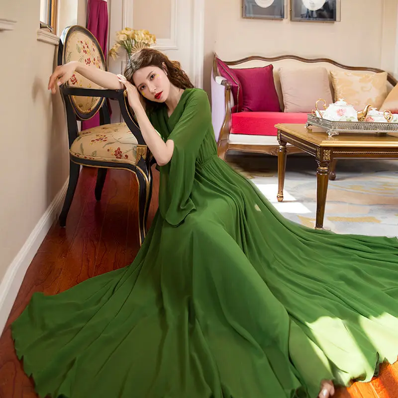 

Hot Sale Women Sexy Formal Maxi Dress V Neck Long Sleeve Solid Color Bandage Office Ladies Evening Party Prom Gown Green Dress