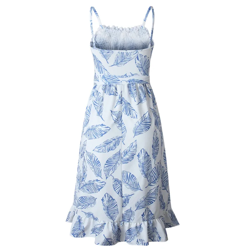 

Women Summer Dress Female Vestidos Casual Backless Boho Dresses 2020 Leave Printing Beach Sleeveless Dress