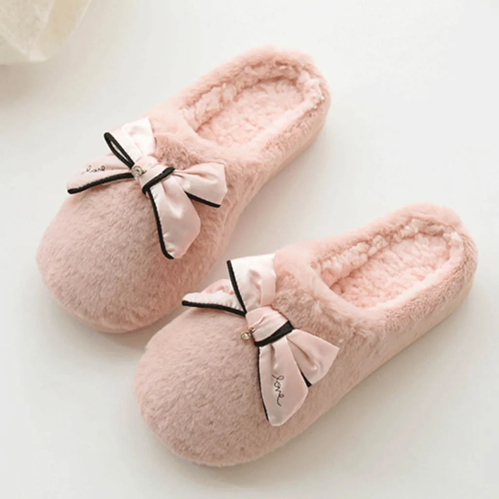 Милые однотонные розовые домашние теплые тапочки на зиму с бантиком бабочкой для