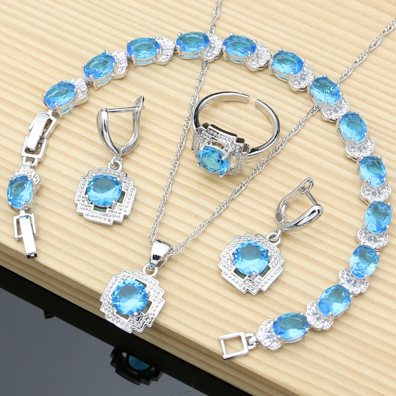 

Bride Women Silver 925 Jewelry Sets Sky Blue Sapphire 9 Colors Birthstone Earrings Bracelet Resizable Ring Necklace Sets Gift