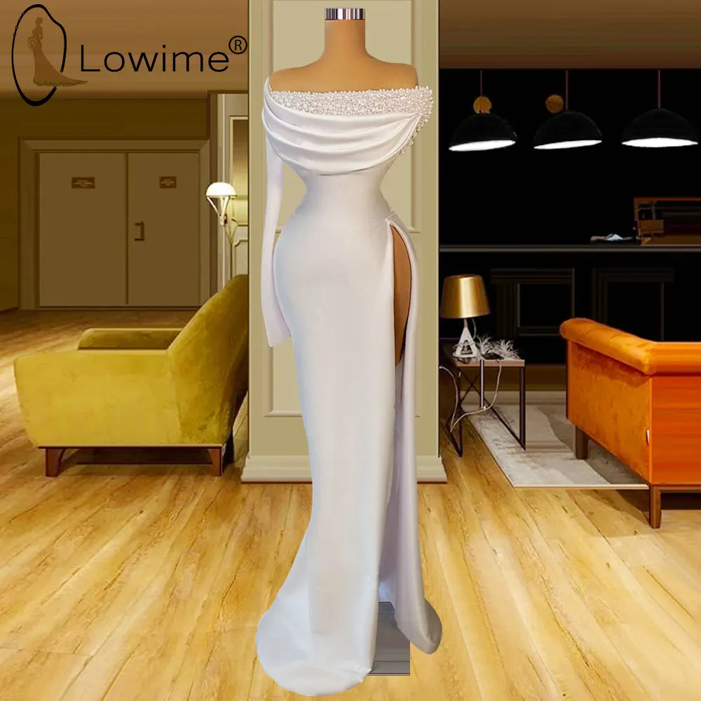 

Женское вечернее платье-Русалка Lowime, длинное платье цвета слоновой кости с открытыми плечами, жемчужинами и высоким разрезом, одежда для св...