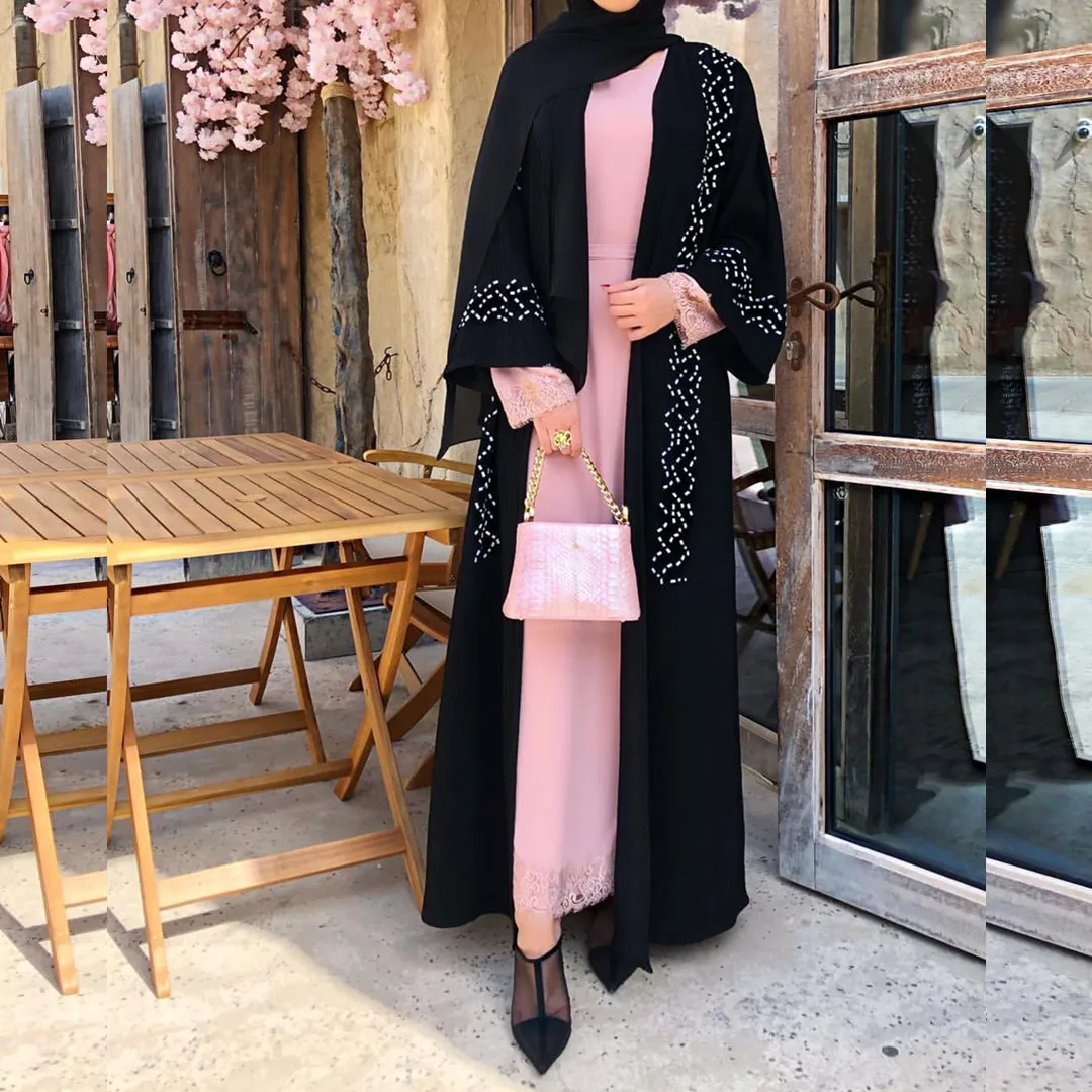 

Wepbel элегантное мусульманское абайя, арабское женское платье Дубая, платье с длинным рукавом, однотонное кимоно с бисером для Ближнего Восто...