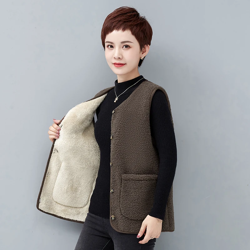 

Winter European Style Faux Fur Lamb Plush Vest Jackets Women Elegant Grain Fleece Coat Plus velvet thickening Warm Waistcoat