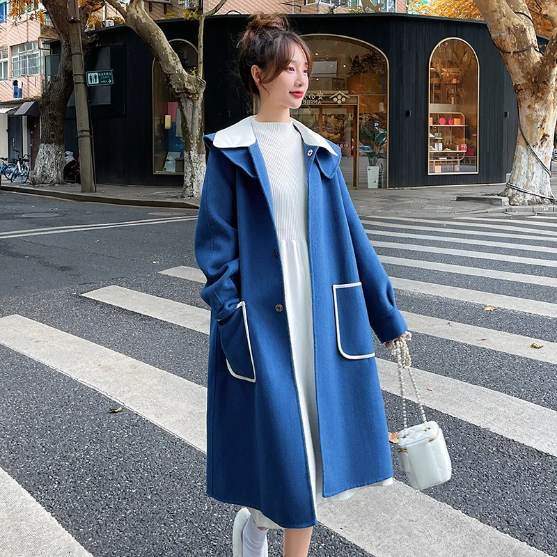 

Woolen Coat Women's Long Winter 2021 New Fashion Casual Retro Contrast Color Loose Warm Blue Commuter Style Woolen Coat