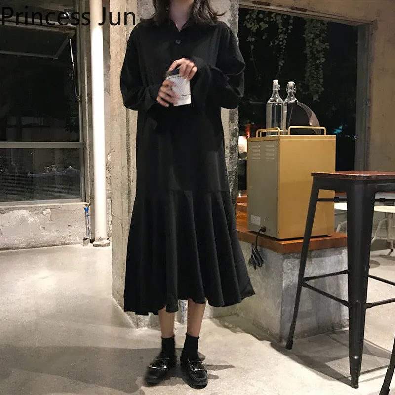 Женское платье-трапеция в стиле ретро винтажное Черное длинное платье-рубашка с