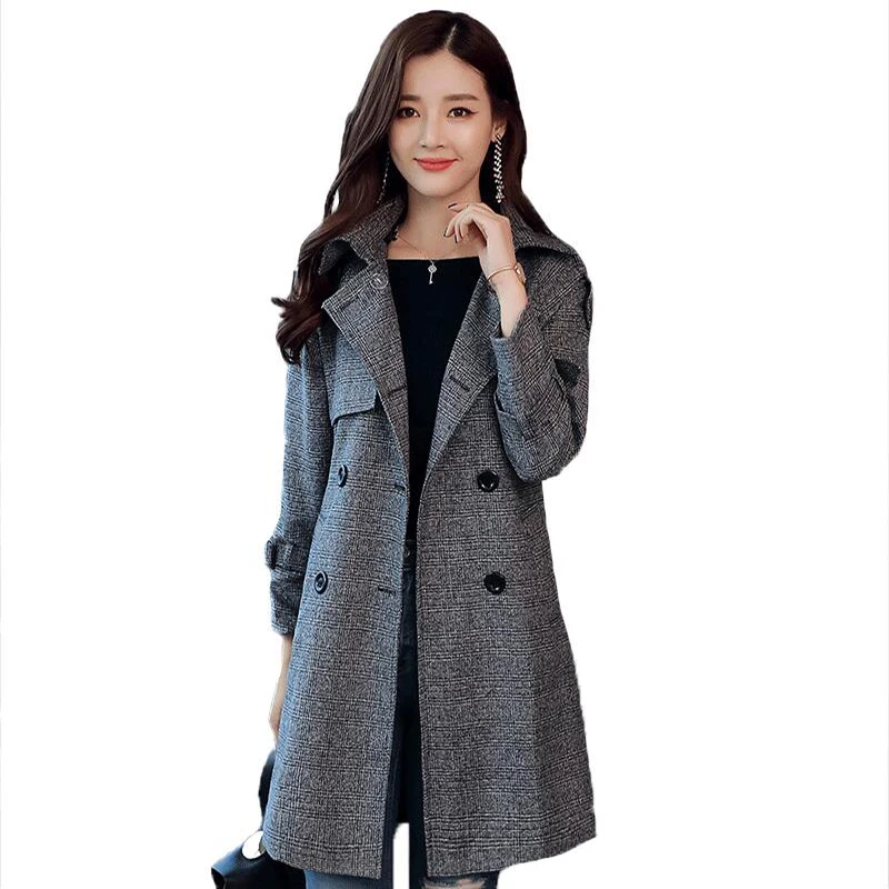 

Plaid trench coat female large size spring autumn new coat tide high-end loose casual medium long suit collar collar coats women