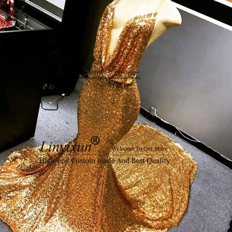 

Cheapest Sparkly Sequins Prom Dresses Sexy Deep V-Neck Sleeveless Backless Mermaid Evening Dress Glamorous Dubai Celebrity Gowns