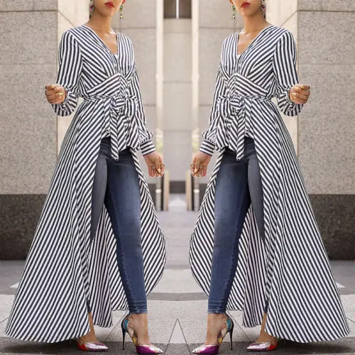 HIRIGIN новинка Женская стильная рубашка в полоску с длинным рукавом Макси-Платье