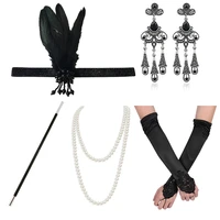 1920s vintage style womens party bachelor party jewelry set feather headband necklace cigarette rod earrings gloves 5 piece set