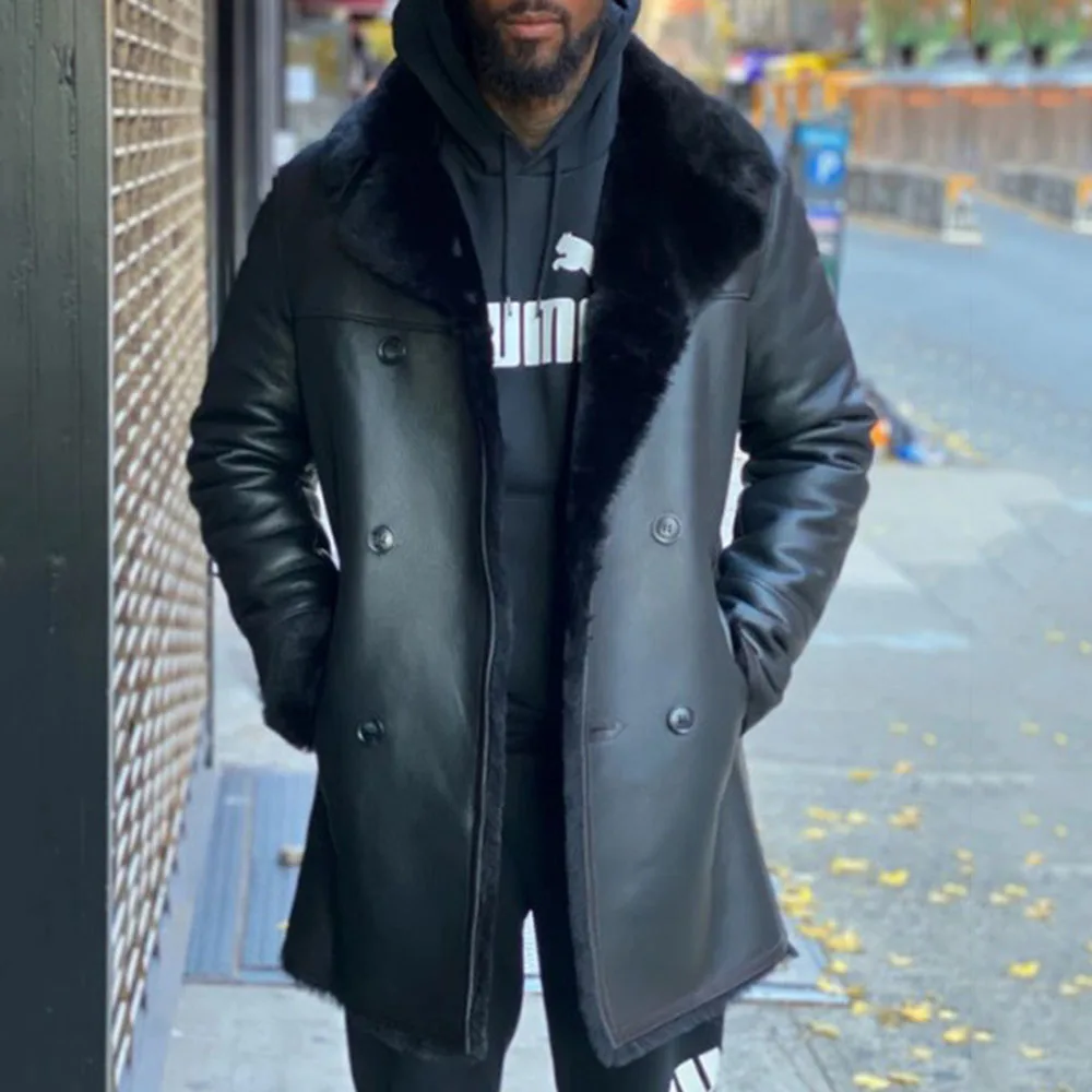 

Модная мужская кожаная куртка, новинка осень-зима 2021, однотонная Повседневная утепленная кожаная куртка на молнии с меховым воротником и дл...