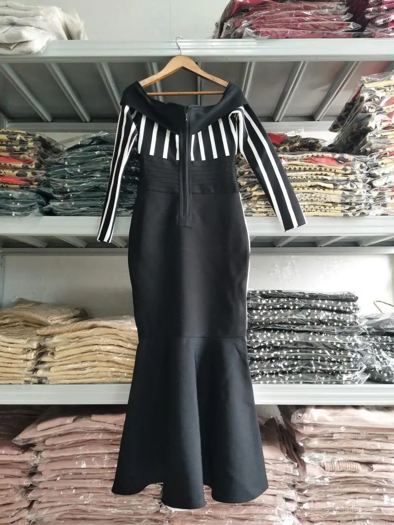 Женское Бандажное платье Leger Babe с открытыми плечами в полоску зимнее новое черно