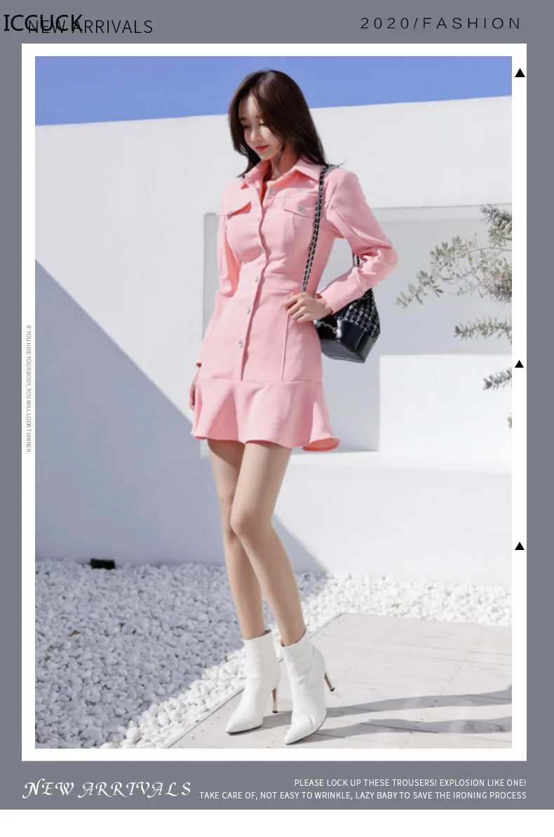 

ICCUCK Autumn and Spring Women's New Ladies Fashion Korean Style Thin Ruffled Lapel Workwear Sexy Party Dress