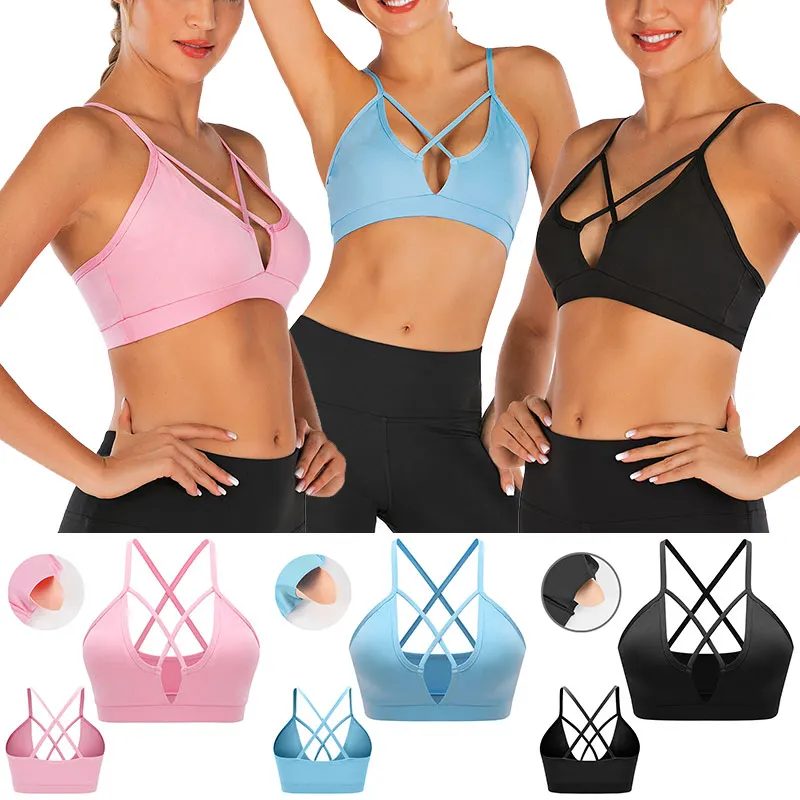 

Hot Womens Yoga Sports Running Bra Bandage Cross Crop Top Vest Stretch Bras with Removable Pads MVI-ing