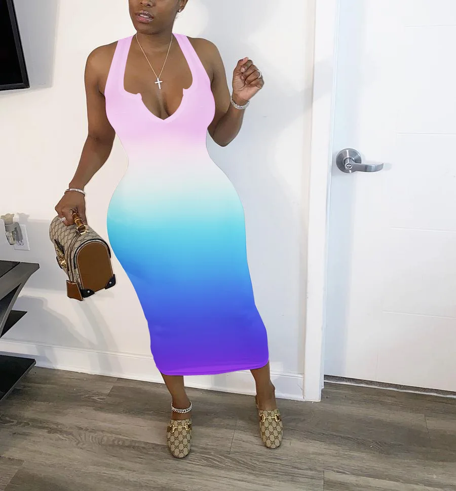 

Женское платье-макси без рукавов, длинное облегающее платье в африканском стиле с градиентом, сексуальная клубная одежда в африканском сти...