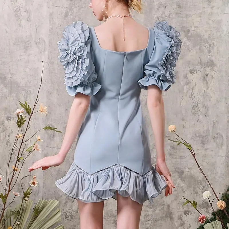 

Flounce dress 2021 summer new blue retro square collar slimming temperament slim fishtail skirt "within 15 days]