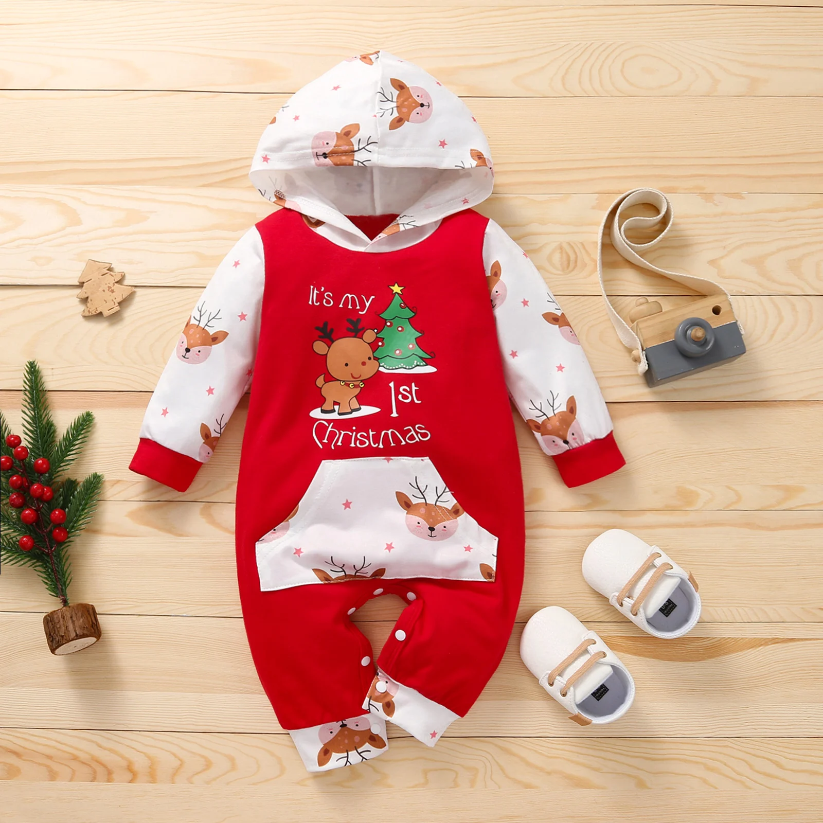 

Unisex Baby Kids Christmas Printed Romper Long Sleeve Hooded Jumpsuit with Front Pocket for 3-12 Months