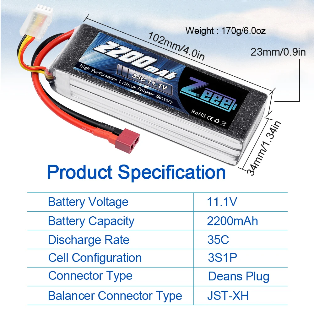 2 шт. Zeee 2200mAh 3S 11,1 V 35C LiPo батарея с Deans Разъем XT60 для радиоуправляемого квадрокоптера Дрон лодка самолет