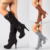 ladies martin boots suede mid boots belt buckle thick soled stilettos zipper winter shoes ladies