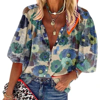 dropshipping half sleeve women blouse flower print breathable stand collar buttons closure summer shirt streetwear