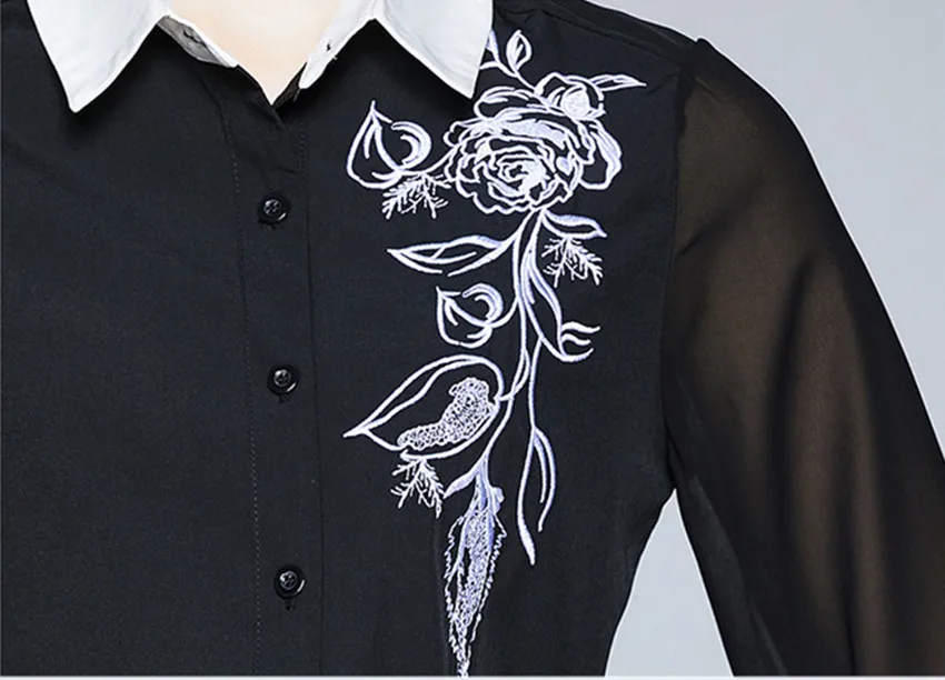 

JSXDHK Office Ladies Spring Autumn Women Embroidery Shirts Runway White Lapel Collar Long Sleeve Patchwork Chiffon Black Blouses