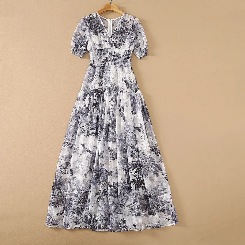

Europe and the United States women's clothing New Summer 2021 Short sleeved v-neck jungle print Fashion pleated dress