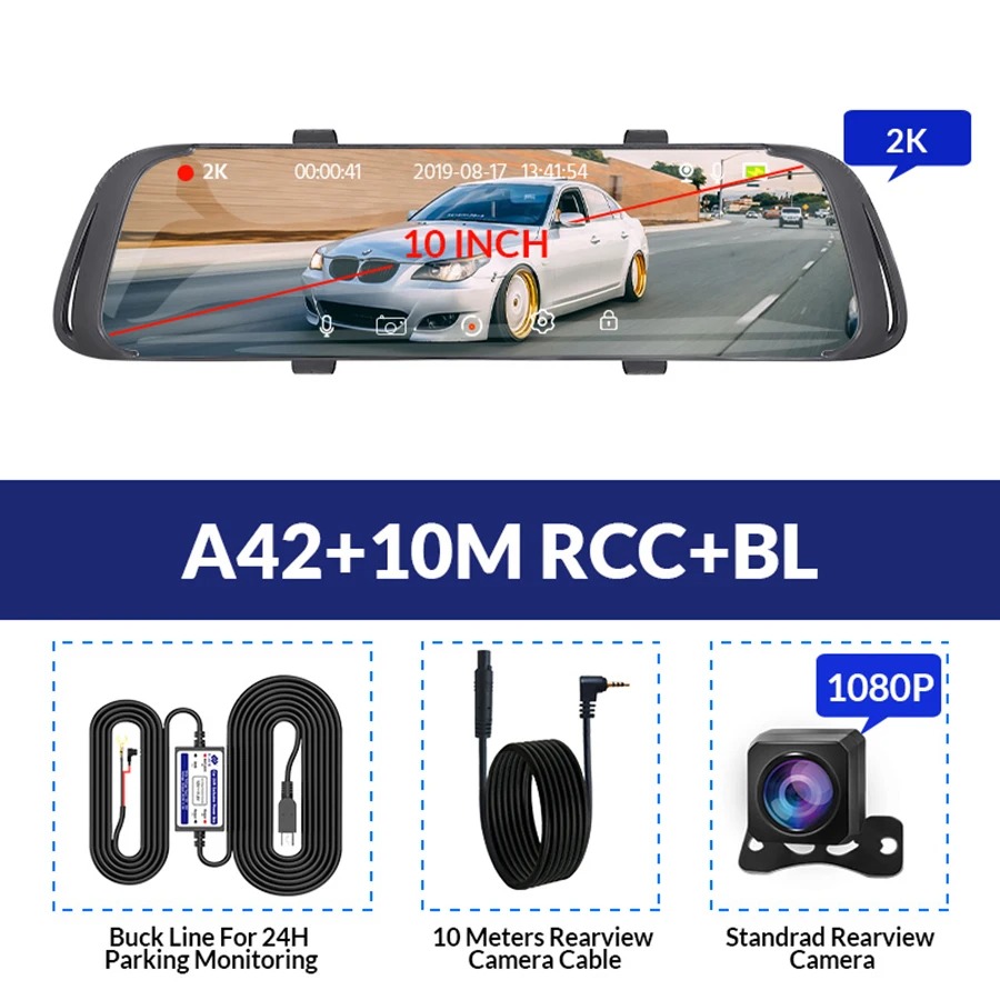 A42-10M RCC-BL E-ACE Автомобильный видеорегистратор, видеорегистратор, 10 дюймов, сенсорное потоковое зеркало заднего вида, 1080 P, видеорегистратор, Автомобильный регистратор, видеорегистратор с камерой заднего вида - Название цвета: A42-10M RCC-BL