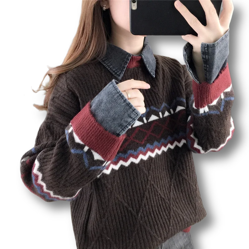 

False Two Pieces Denim Patchwork Knitted Women Sweater And Pullovers Winter Vintage Turn-Down Collar Female Pulls Outwear Tops