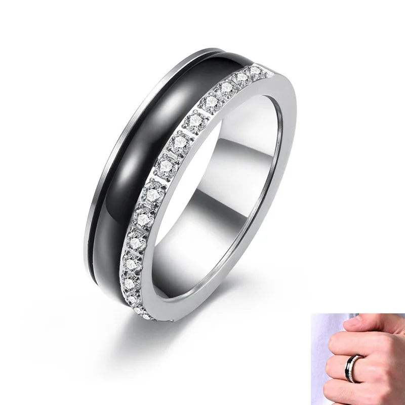 

6mm Fashion Black And White Stainless Steel Engagement Ring Simple Wedding Band with Rhinestone Promise Anniversary Jewelry Gift