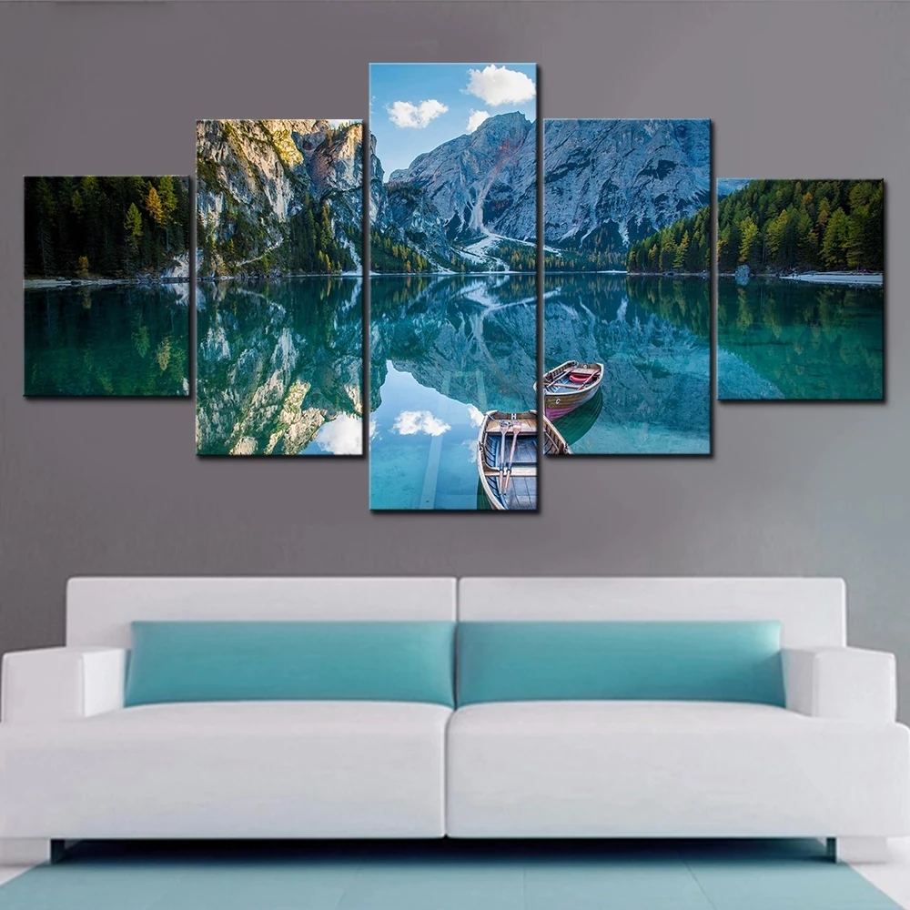 

Living Room Decoration Painting Unframed 5 Pieces Landscape Painting River Boat Photography Works Canvas Print Bedroom Mural