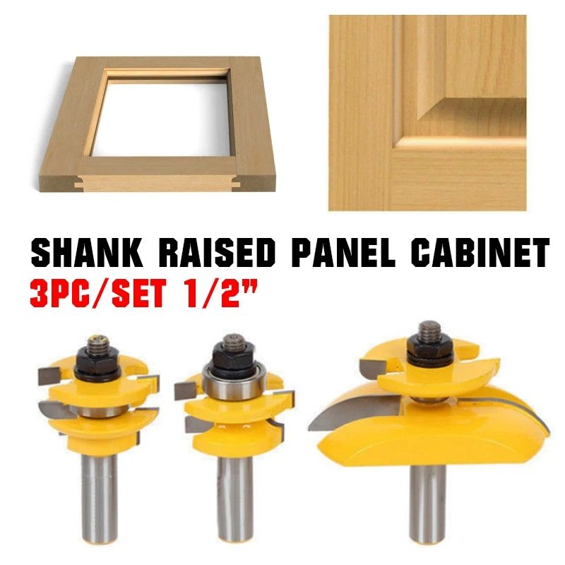 

3Pcs/set 1/2" Shank Raised Panel Cabinet Door Router Bit Woodwork Cutter Tool Carving Tool For Wooking Yellow Carbide Alloy