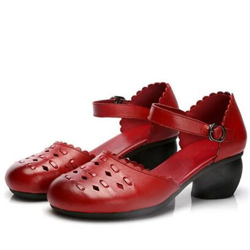 

Сандалии женские из натуральной кожи, босоножки с круглым носком, с перфорацией, Нескользящие, обувь на высоком каблуке, лето 2021