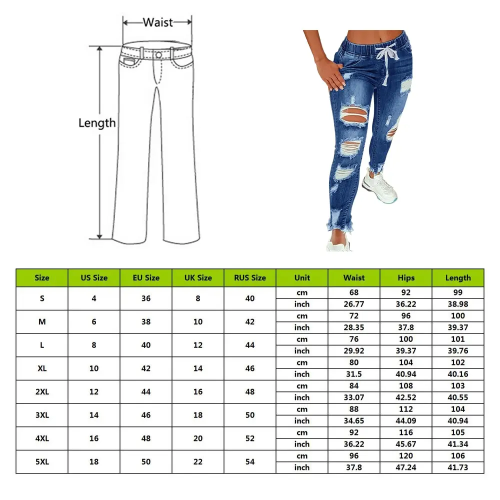 

Drawstring Denim Jeans For Women Ripped Hole Stretch Jean Ladies Plus Size Full Length Pencil Pants
