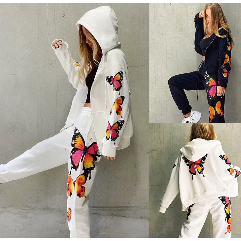 

New Butterfly Printed Hooded Hoodies+Pants Long Sleeve Casual Suit Fashion Autumn Winter Hip Hop Women Clothing Set