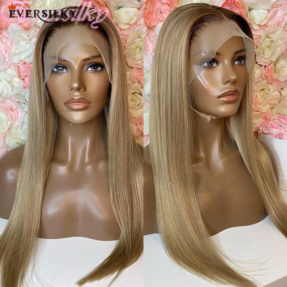 

Silky Straight 200 Density Remy Malaysia Human Hair Light Honey Blonde Wigs with Brown Root 13x6 Lace Front Deep Part Space Wigs