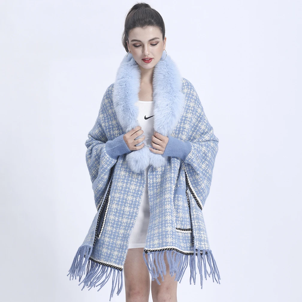 

MISSJANEFUR New Real Fox Fur Poncho Plaid Cape For Women Loose Winter 2021 Wool Coats Women Tassel Cloak With Fur