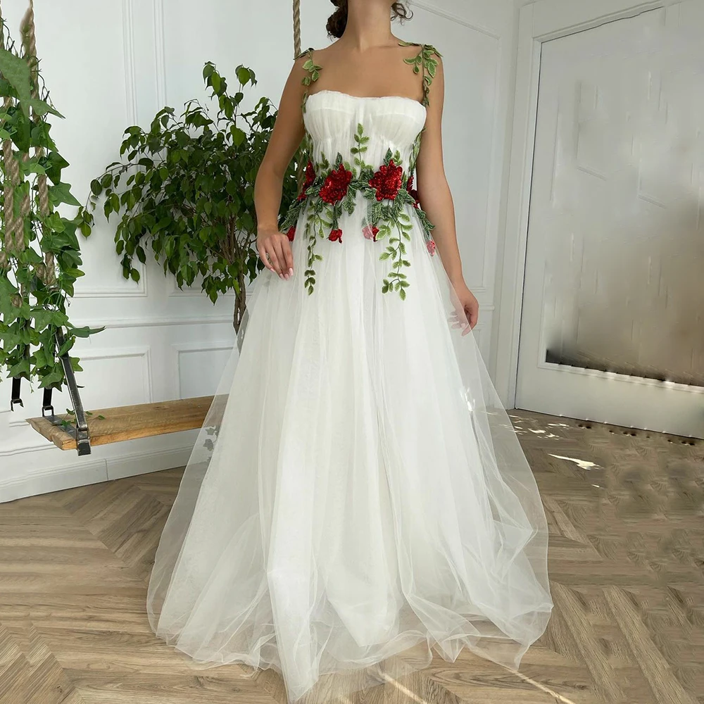 Купи UZN Princess Floral Appliques Prom Dress Spaghetti Straps Flowers Evening Dress Plus Size Party Dress за 5,363 рублей в магазине AliExpress