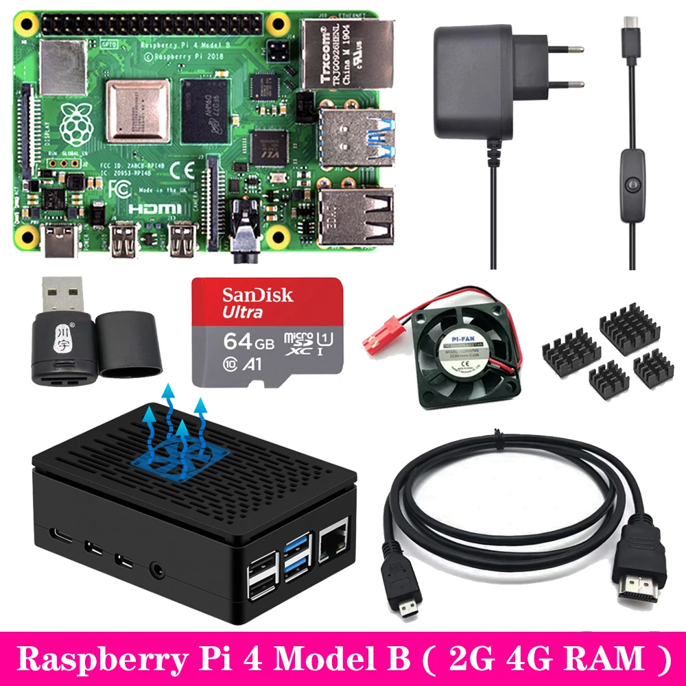 Raspberry Pi 4 2 ГБ 4 ГБ ОЗУ с ABS чехол источник питания алюминиевый теплоотвод Micro HDMI кабель для Raspberry Pi 4 Модель B Pi 4B Pi4