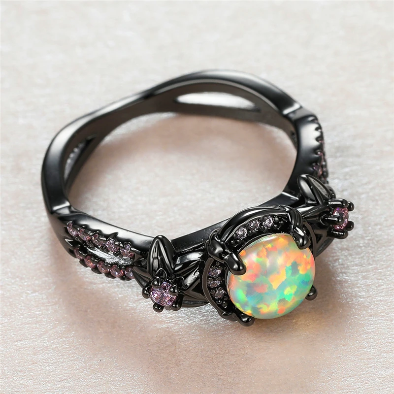 

Luxury Male Female White Round Opal Ring Cute 14KT Black Gold Flower Wedding Rings For Women Luxury Pink Crystal Engagement Ring