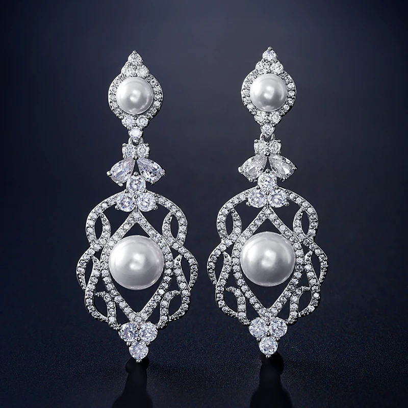 

Luxury Flower Cz Zirconia Crystal Long Dangle Earrings for Elegant Women Wedding Bridal Pearl Jewelry EP2331