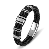 tyo fashion magnetic stainless steel black genuine leather bracelet men jewelry accessories rope customize knitted punk bangles