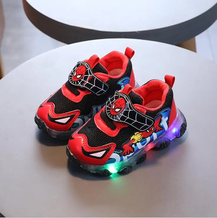 Children boys spiderman LED Sneakers Kids cartoon Sports Light Shoes boy PU Casual Boots Rubber Button sport shoes | Детская одежда и