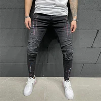 mens fashion paint printing ripped skinny jeans patchwork slim fit biker pencil pants hip hop jeans male casual denim trouses