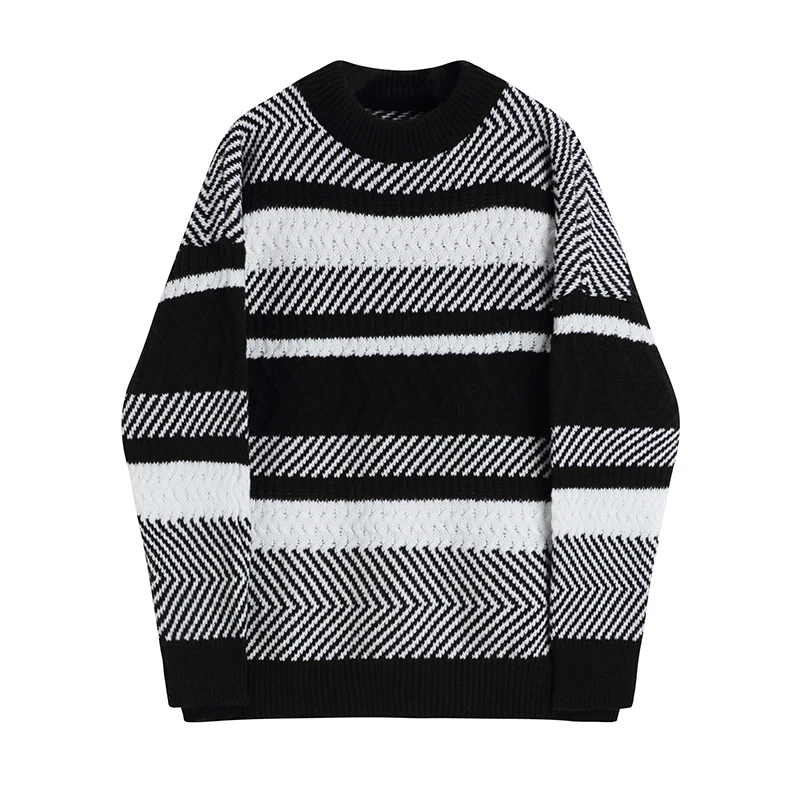 

Autumn Winter Loose Japan Style Black Splice White Stripe Loose O-neck Knitted Pullovers Sweater Women Elegant Casual Tops 7192