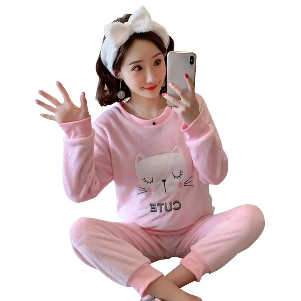 2pcs Autumn Winter Women Thin Flannel Women Pajama Set Pullover Thick Coral Velvet Long Sleeve Cartoon Homewear Dropshipping - Цвет: as picture