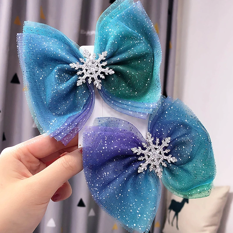 Детские Мультяшные волосы аксессуары синий бант блесток шпилька Снежинка